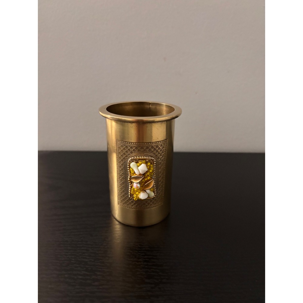 The Bombay Company Vintage Brass Jeweled Etched Cylinder Vase Pencil Pen‎ Holder
